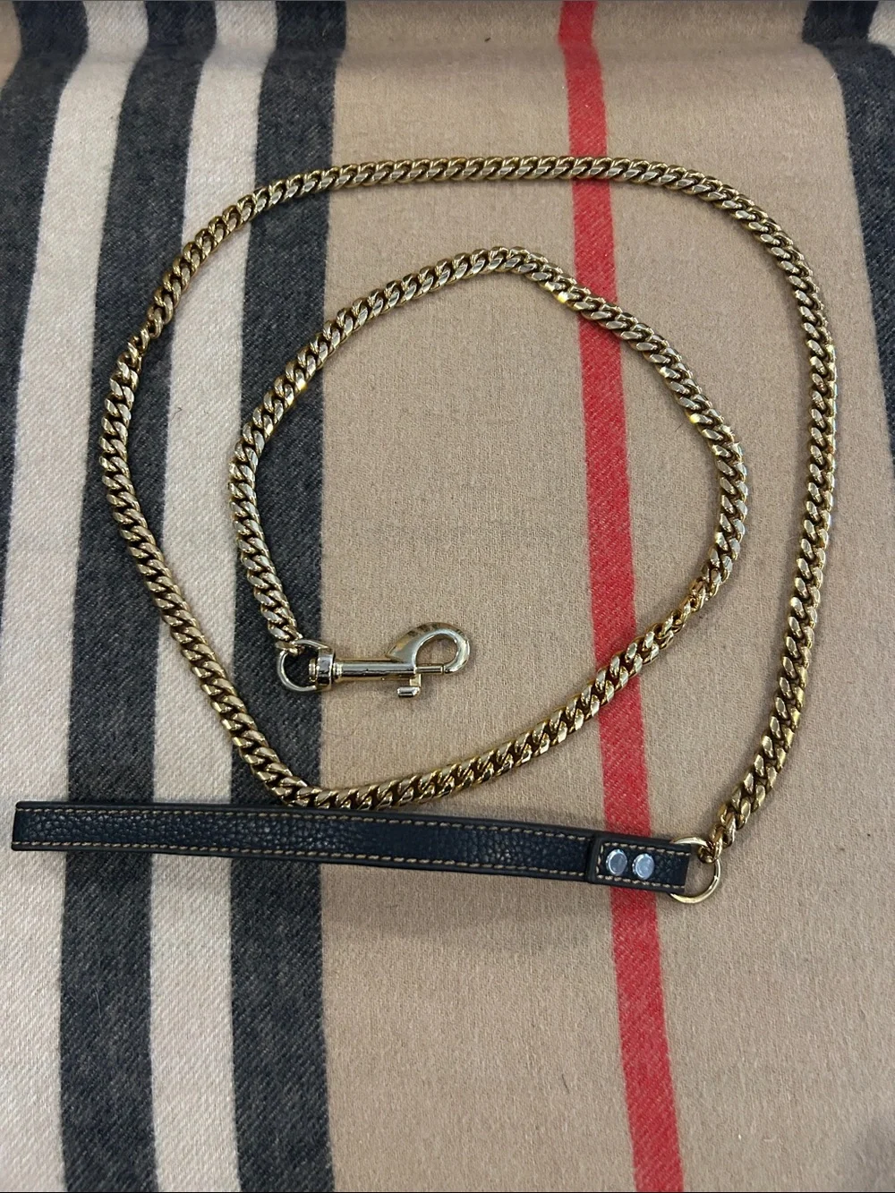 Gold Plated Cuban Chain Dog Leash With Black Leather Handle NWOT
